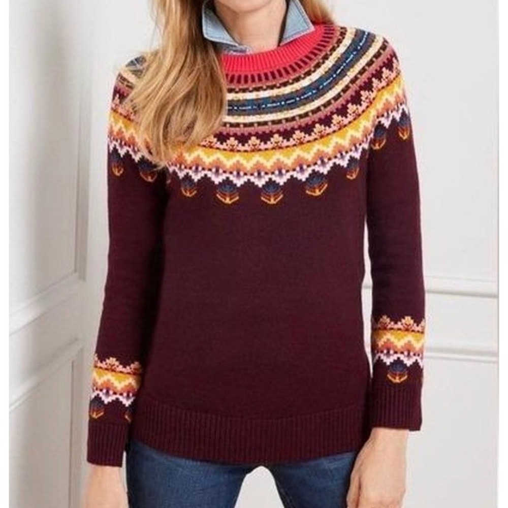 Talbots Womens Burgundy Fair Isle Yoke Crew Neck Knit Sweater Size S